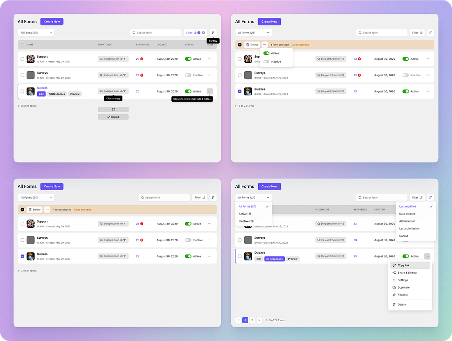 HelpGent All Forms table with form management menus and status controls